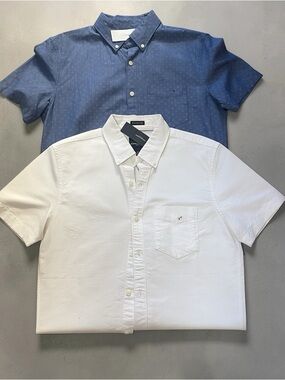 Two American Eagle Outfitters Short-Sleeve Button-Down Shirts in White and Blue